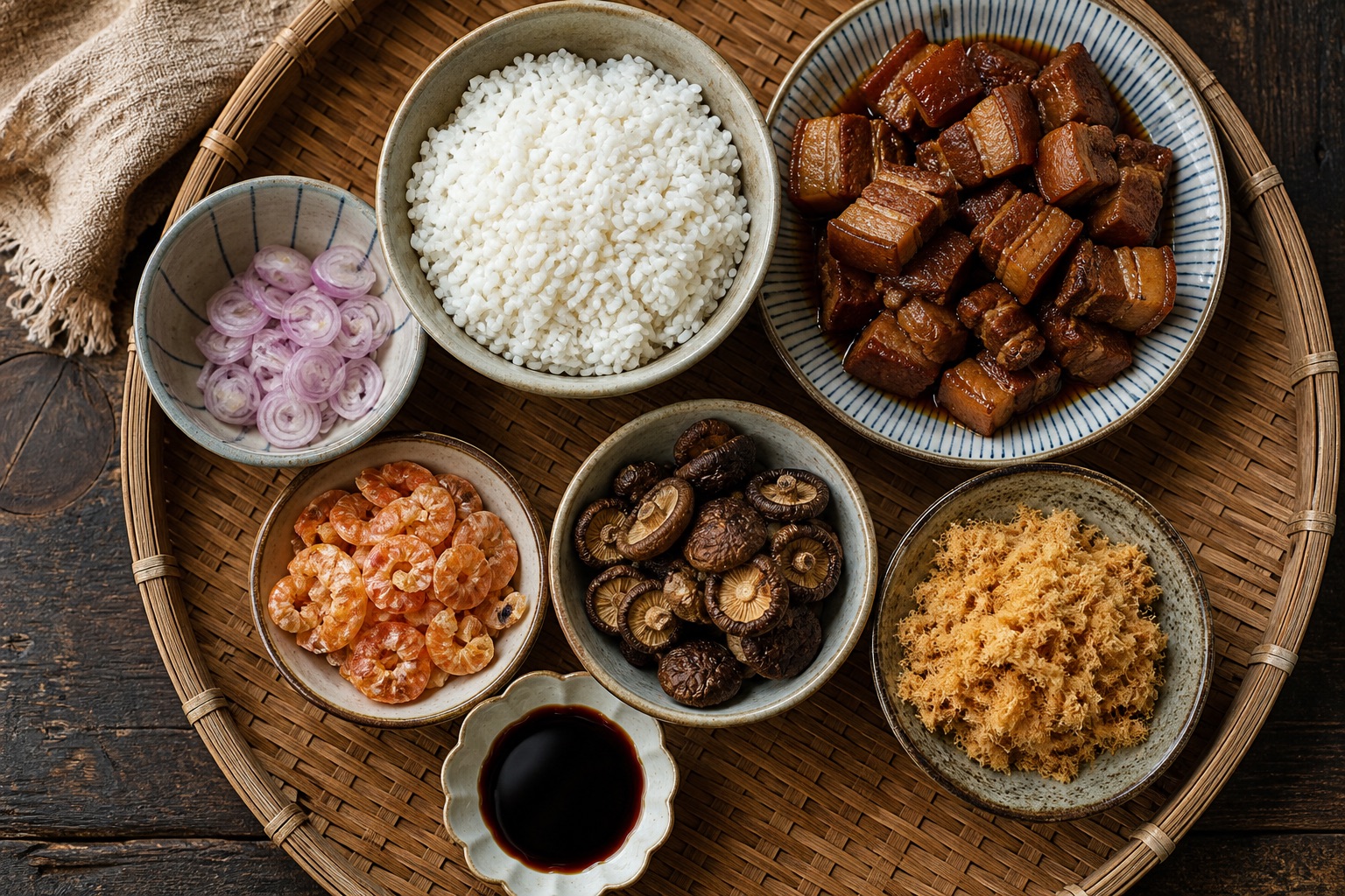 食材俯拍，米、豬肉、蔥頭、魚鬆等新鮮食材整齊排列