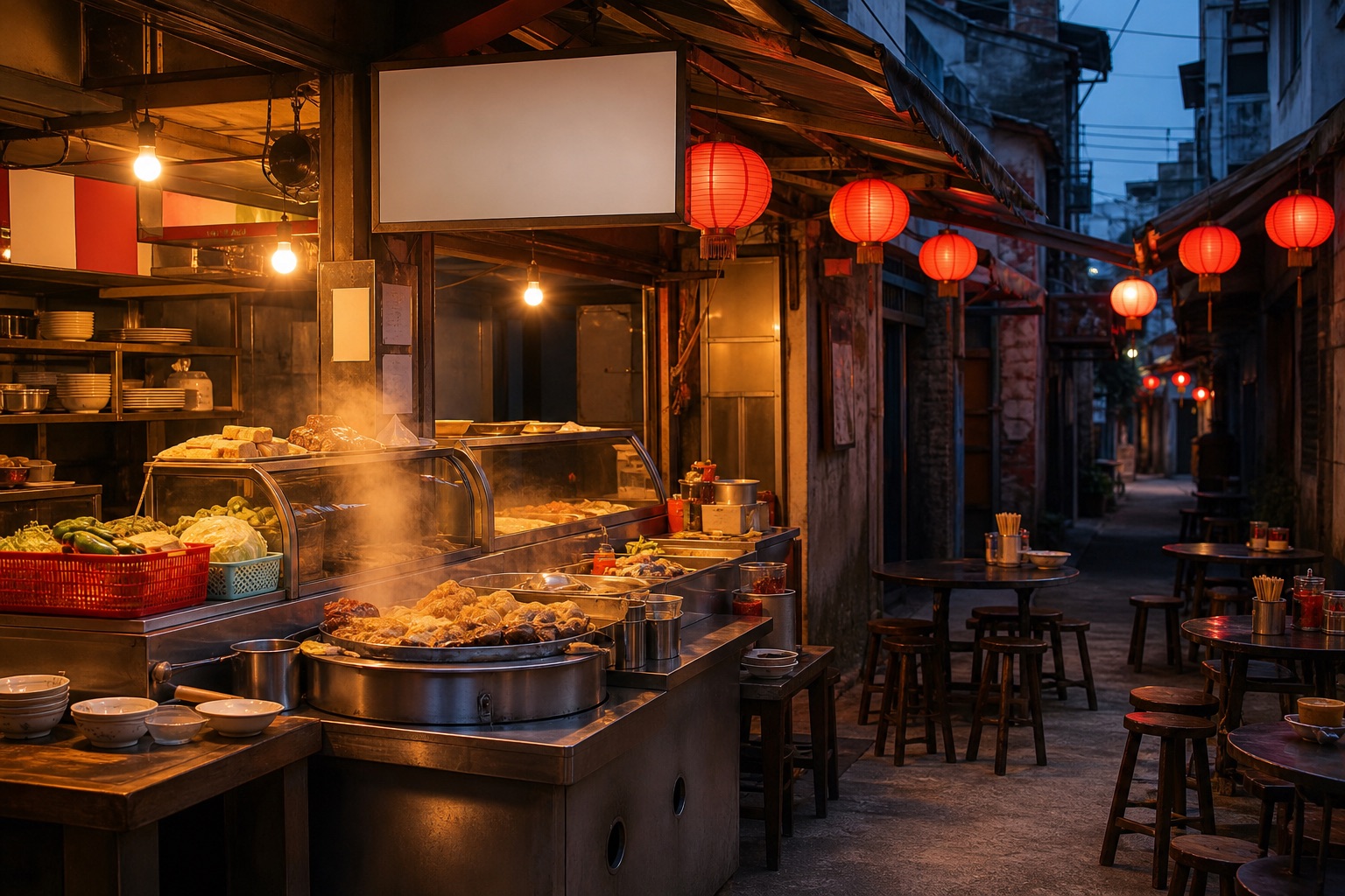 傍晚掛著紅燈籠的古早味小吃店面，店內蒸氣裊裊